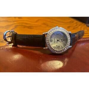Women's Silver Tone Vernier Watch, Crystal Accents, Black Leather Band, MOP Face